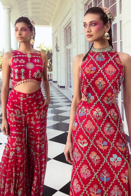 Shop Diyarajvvir Red Georgette Tassels Round Neck Geometric Jaal Print Jumpsuit Online at Aza Fashions Shop_Diyarajvvir_Red Georgette Tassels Round Neck Geometric Jaal Print Jumpsuit _Online_at_Aza_Fashions