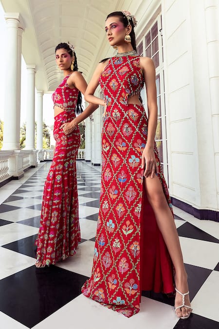 Buy_DiyaRajvvir_Red Georgette, Linen Tassels Halter Neck Diamond Frame Print Gown _Online_at_Aza_Fashions