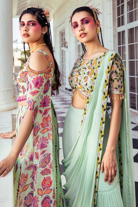 Diyarajvvir_Green Tulle, Georgette Embroidery, Beads Blouse And Pre-draped Gharara Saree Set _Online_at_Aza_Fashions