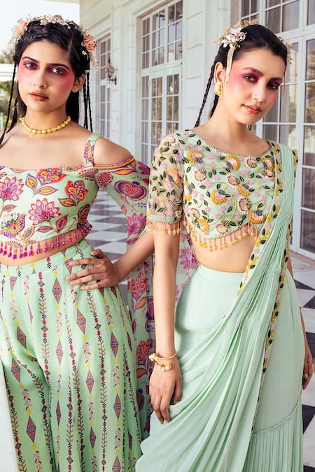 Buy_Diyarajvvir_Green Tulle, Georgette Embroidery, Beads Blouse And Pre-draped Gharara Saree Set _Online_at_Aza_Fashions