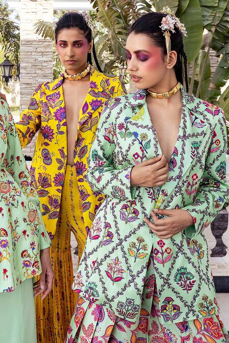 Buy_Diyarajvvir_Green Modal, Linen Sequins, Diamond Frame Floral Print Blazer And Skirt Set _Online_at_Aza_Fashions