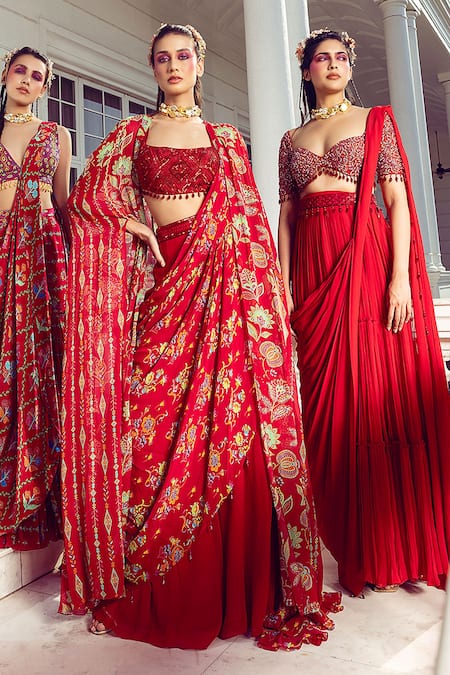 Diyarajvvir_Red Tulle, Georgette, Linen Cut Work, Beads, Blouse And Pre-draped Skirt Saree Set _Online_at_Aza_Fashions