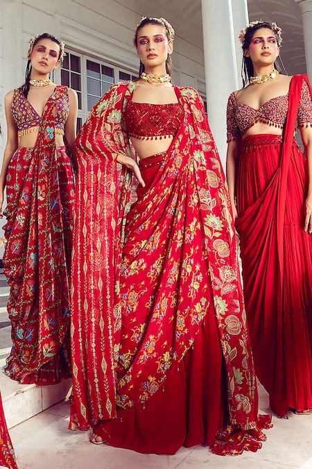 Diyarajvvir_Red Georgette, Cotton, Silk Cut Work, Floral Print Pre-draped Sharara Saree Set _Online_at_Aza_Fashions