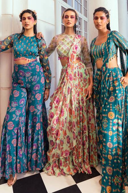 Diyarajvvir_Green Organza, Georgette Beads Round Neck Printed And Pre-draped Skirt Saree Set _Online_at_Aza_Fashions