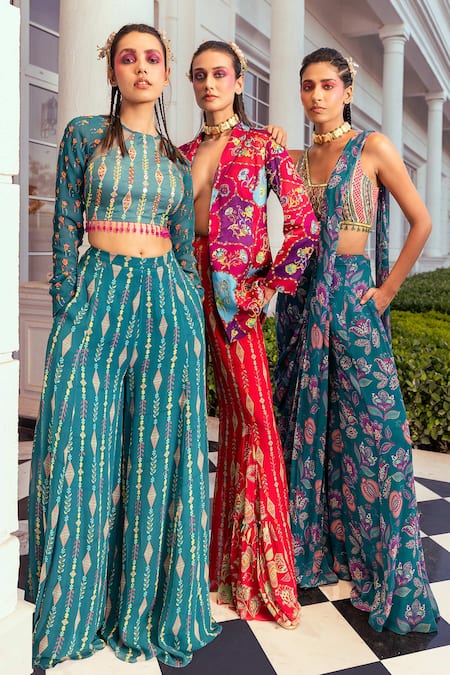 Diyarajvvir_Blue Cotton Satin, Georgette, Printed And Pre-draped Sharara Saree With Blouse _Online_at_Aza_Fashions