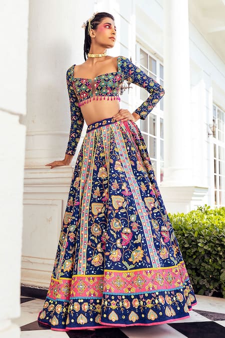 Buy_Diyarajvvir_Blue Silk, Linen Embroidery, Tassels Square Neck Floral Print Lehenga Set _Online_at_Aza_Fashions