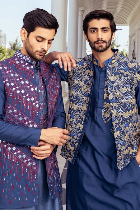 Buy_Diyarajvvir_Blue , Satin Cut Work, Embroidery, Indigo Bundi And Kurta Set _Online_at_Aza_Fashions