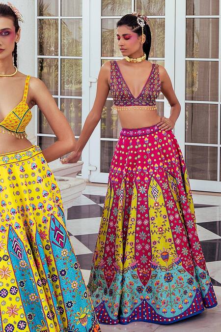 Diyarajvvir_Fuchsia Cotton, Silk, Linen Cut Work, Floral And Geometric Pattern Lehenga Set _Online_at_Aza_Fashions