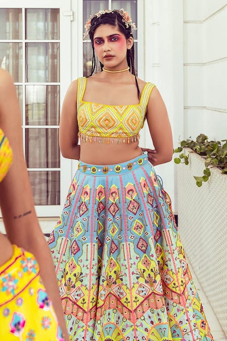 Diyarajvvir_Blue Satin, Silk, Tassels, Mirrors, Geometric Print Lehenga Set _Online_at_Aza_Fashions