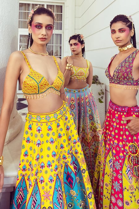 Diyarajvvir_Yellow Cotton Satin, Cotton, Silk Mirrors, Cut Work, Embroidered Lehenga Set _Online_at_Aza_Fashions