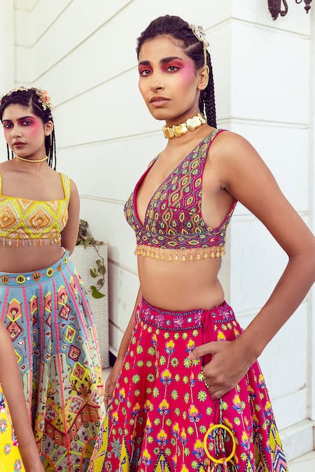 Buy_Diyarajvvir_Fuchsia Cotton, Silk, Linen Cut Work, Floral And Geometric Pattern Lehenga Set _Online_at_Aza_Fashions