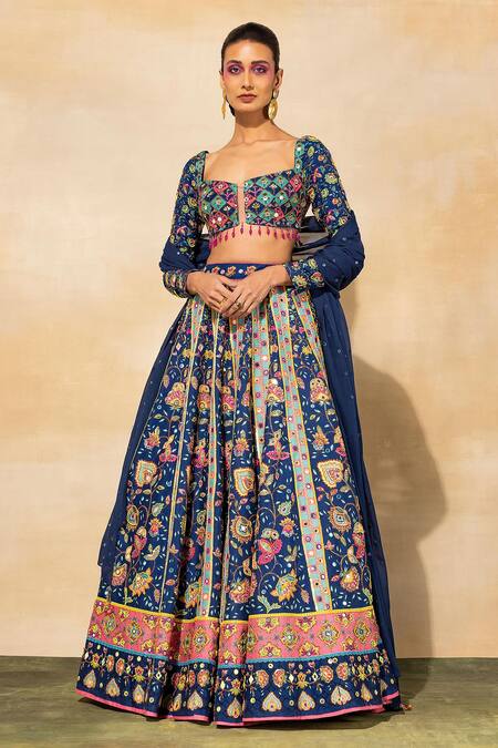 Diyarajvvir_Blue Silk, Linen Embroidery, Tassels Square Neck Floral Print Lehenga Set _at_Aza_Fashions