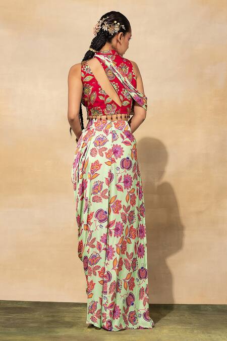 Shop Diyarajvvir Red Modal, Linen Tassels Round Neck Chintz Print Crop Top And Skirt Set Online at Aza Fashions Shop_Diyarajvvir_Red Modal, Linen Tassels Round Neck Chintz Print Crop Top And Skirt Set _Online_at_Aza_Fashions