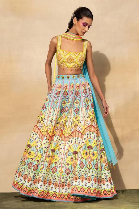 Buy_Diyarajvvir_Blue Satin, Silk, Tassels, Mirrors, Geometric Print Lehenga Set _Online_at_Aza_Fashions