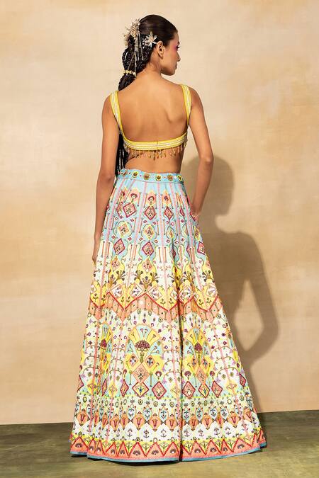 Diyarajvvir_Blue Satin, Silk, Tassels, Mirrors, Geometric Print Lehenga Set _at_Aza_Fashions