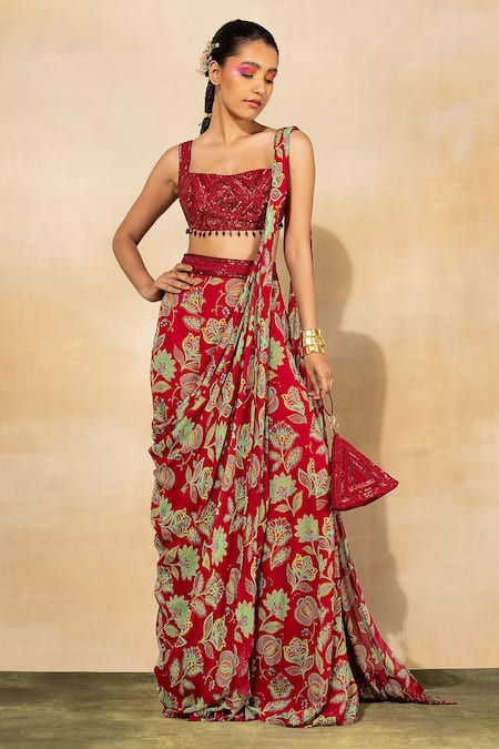 Diyarajvvir_Red Georgette, , Silk, Chintz Print Sharara Saree And Blouse Set _Online_at_Aza_Fashions
