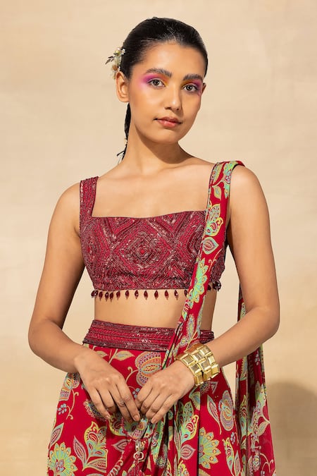 Buy_Diyarajvvir_Red Georgette, , Silk, Chintz Print Sharara Saree And Blouse Set _Online_at_Aza_Fashions