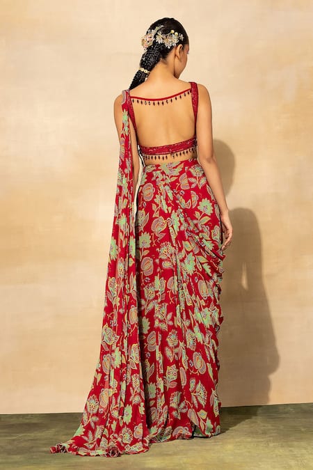 Shop_Diyarajvvir_Red Georgette, , Silk, Chintz Print Sharara Saree And Blouse Set _Online_at_Aza_Fashions