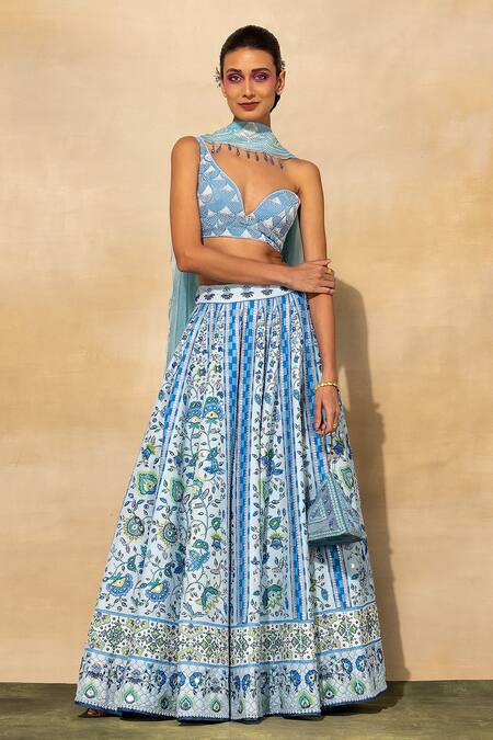 Shop Diyarajvvir Blue Tulle, Silk, Cotton Embroidery, Tassels, Mirrors Asymmetric Lehenga Set Online at Aza Fashions Shop_Diyarajvvir_Blue Tulle, Silk, Cotton Embroidery, Tassels, Mirrors Asymmetric Lehenga Set _Online_at_Aza_Fashions