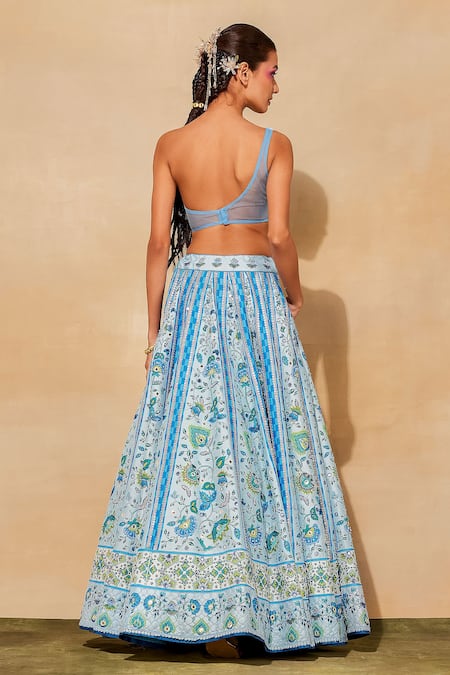 Buy Diyarajvvir Blue Tulle, Silk, Cotton Embroidery, Tassels, Mirrors Asymmetric Lehenga Set Buy_Diyarajvvir_Blue Tulle, Silk, Cotton Embroidery, Tassels, Mirrors Asymmetric Lehenga Set