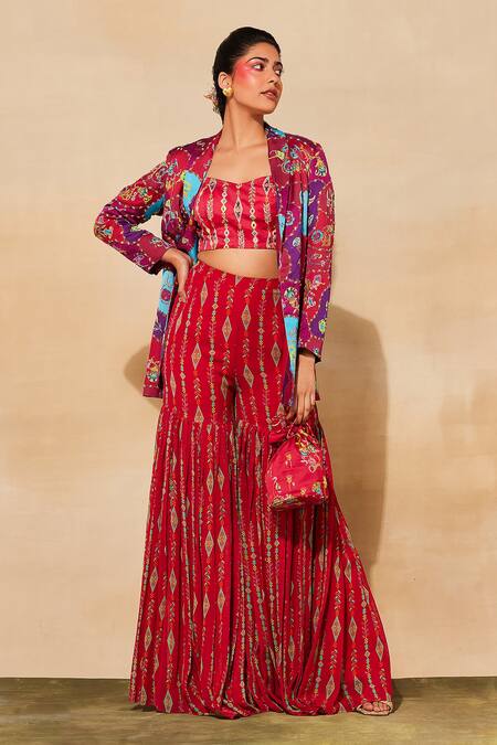 Buy_Diyarajvvir_Red Georgette, Modal Embroidery Scoop Neck Printed Blazer And Gharara Pant Set _Online_at_Aza_Fashions