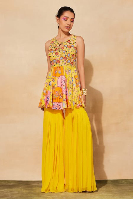 Diyarajvvir_Yellow Georgette, Cotton Cut Work, Floral Jaal Peplum Top And Gharara Pant Set _Online_at_Aza_Fashions