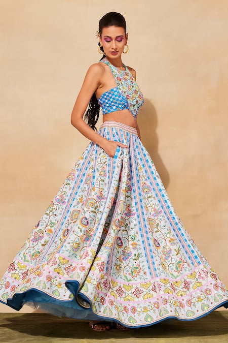 Diyarajvvir_Blue Silk, Linen Mirrors, Cut Work, Tassels Embroidered Lehenga And Blouse Set _at_Aza_Fashions