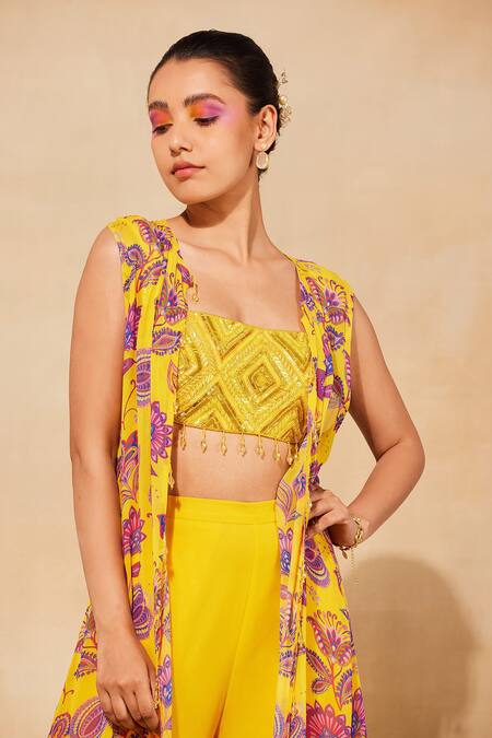 Diyarajvvir_Yellow Cotton, Silk, Georgette Beads, Cut Work Printed Cape Gharara Pant Set _Online_at_Aza_Fashions
