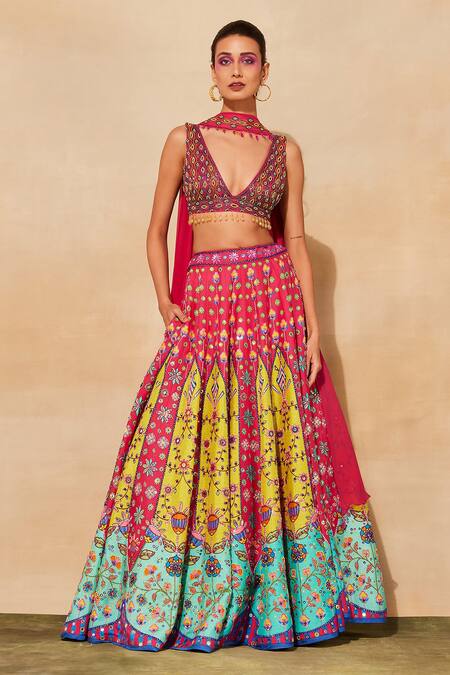 Shop_Diyarajvvir_Fuchsia Cotton, Silk, Linen Cut Work, Floral And Geometric Pattern Lehenga Set _Online_at_Aza_Fashions