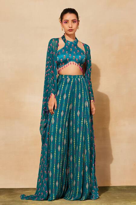 Buy_Diyarajvvir_Blue Modal, Georgette, Linen Beads Halter Neck Tulip Print Cape Sharara Set _Online_at_Aza_Fashions