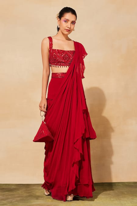 Buy_Diyarajvvir_Red Georgette, Cotton, Silk Tassels, Embroidery Square Ruffle Saree With Blouse _Online_at_Aza_Fashions