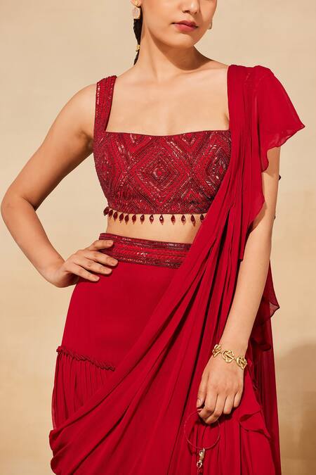 Shop_Diyarajvvir_Red Georgette, Cotton, Silk Tassels, Embroidery Square Ruffle Saree With Blouse _Online_at_Aza_Fashions