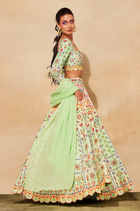 Shop_Diyarajvvir_Green Silk, Cotton Cut Work, Mirrors, Sequins, Embroidery Cutdana Lehenga Set _Online_at_Aza_Fashions