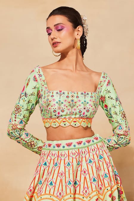 Diyarajvvir_Green Silk, Cotton Cut Work, Mirrors, Sequins, Embroidery Cutdana Lehenga Set _at_Aza_Fashions