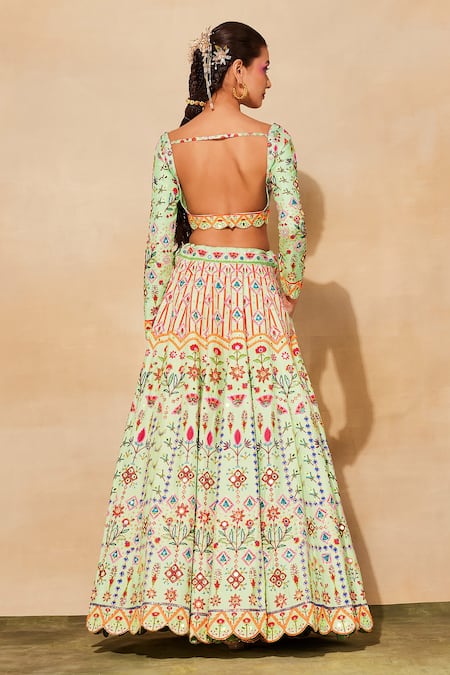 Buy_Diyarajvvir_Green Silk, Cotton Cut Work, Mirrors, Sequins, Embroidery Cutdana Lehenga Set 