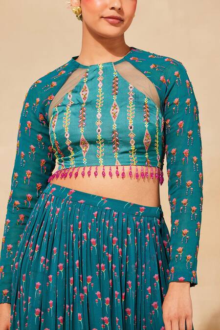 Diyarajvvir_Blue Modal, Georgette Embroidery, Beads, Cut Tulip Pattern Blouse And Skirt Set _Online_at_Aza_Fashions