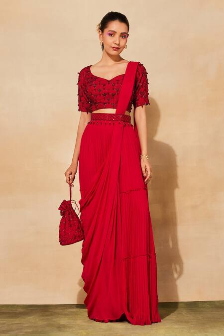 Diyarajvvir_Red Georgette, Cotton, Silk Embroidery, Tassels Tiered Skirt Saree With Blouse _Online_at_Aza_Fashions
