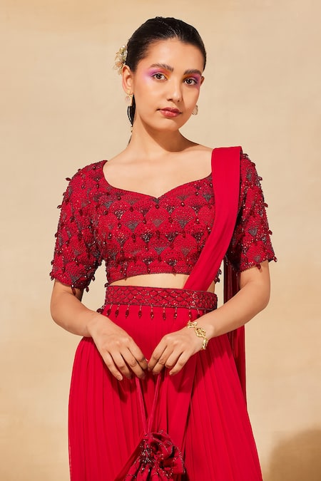Buy_Diyarajvvir_Red Georgette, Cotton, Silk Embroidery, Tassels Tiered Skirt Saree With Blouse _Online_at_Aza_Fashions