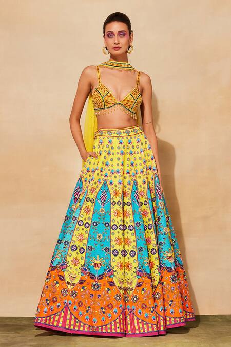 Buy_Diyarajvvir_Yellow Cotton Satin, Cotton, Silk Mirrors, Cut Work, Embroidered Lehenga Set _Online_at_Aza_Fashions