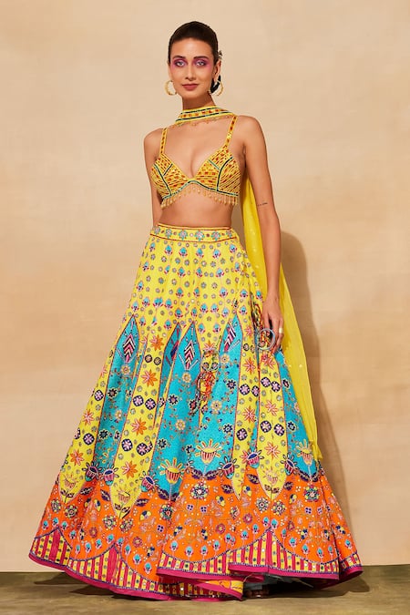 Shop_Diyarajvvir_Yellow Cotton Satin, Cotton, Silk Mirrors, Cut Work, Embroidered Lehenga Set _Online_at_Aza_Fashions