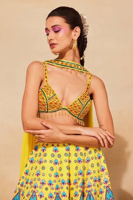 Diyarajvvir_Yellow Cotton Satin, Cotton, Silk Mirrors, Cut Work, Embroidered Lehenga Set _at_Aza_Fashions