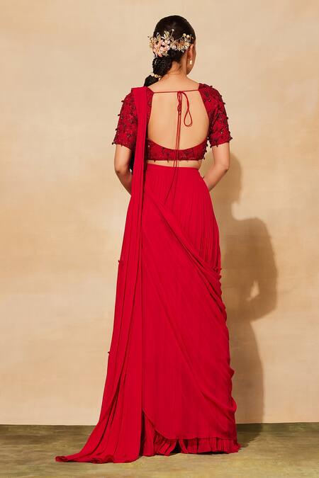 Shop_Diyarajvvir_Red Georgette, Cotton, Silk Embroidery, Tassels Tiered Skirt Saree With Blouse _Online_at_Aza_Fashions