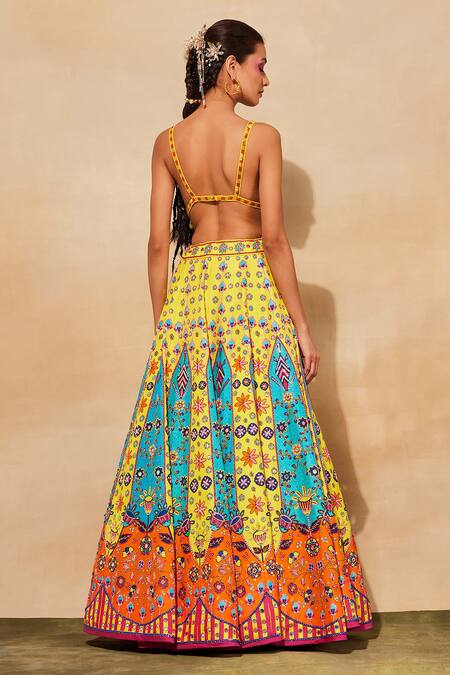 Buy_Diyarajvvir_Yellow Cotton Satin, Cotton, Silk Mirrors, Cut Work, Embroidered Lehenga Set 