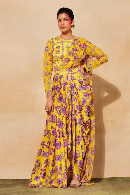 Diyarajvvir_Yellow Georgette, Modal Embroidery Printed And Pre-draped Dhoti Skirt Saree Set _Online_at_Aza_Fashions