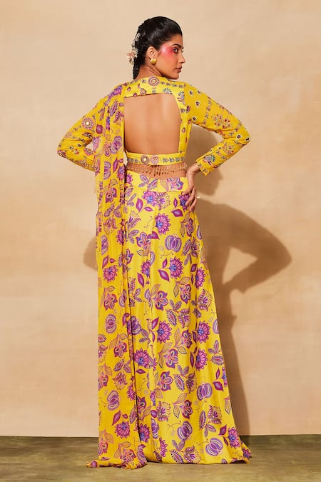 Buy_Diyarajvvir_Yellow Georgette, Modal Embroidery Printed And Pre-draped Dhoti Skirt Saree Set _Online_at_Aza_Fashions