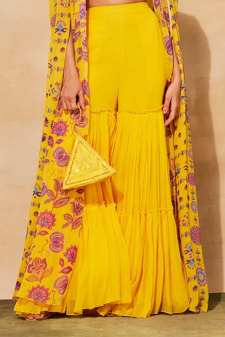 Buy_Diyarajvvir_Yellow Georgette, Cotton Cut Work, Beads, Floral Print Cape Gharara Pant Set _Online_at_Aza_Fashions