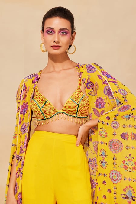 Diyarajvvir_Yellow Georgette, Cotton Cut Work, Beads, Floral Print Cape Gharara Pant Set _Online_at_Aza_Fashions
