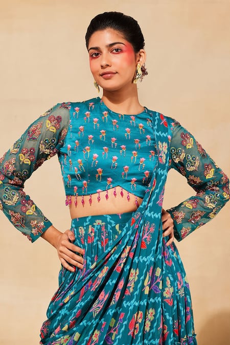 Diyarajvvir_Blue Modal, Tulle, Georgette Cut Tiered And Pre-draped Skirt Saree With Blouse _Online_at_Aza_Fashions