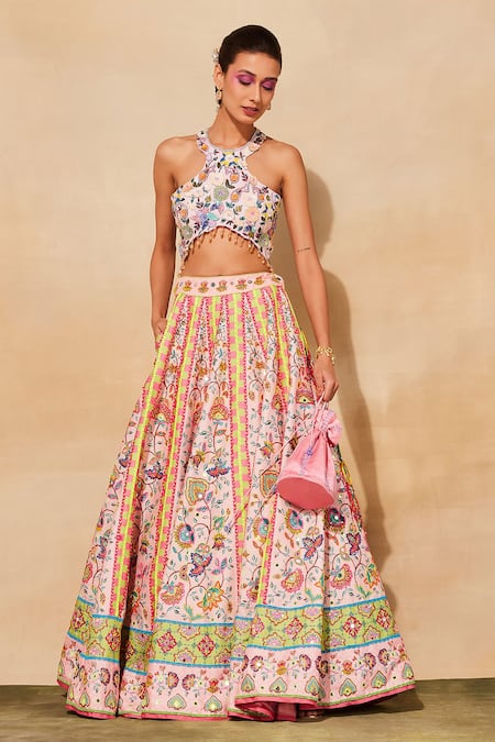 Diyarajvvir Pink Silk, Tulle, Linen Mirrors, Embroidery, Floral Print Lehenga And Blouse Set Online at Aza Fashions Diyarajvvir_Pink Silk, Tulle, Linen Mirrors, Embroidery, Floral Print Lehenga And Blouse Set _Online_at_Aza_Fashions