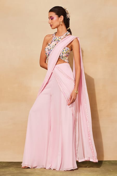 Diyarajvvir Pink Georgette, Tulle Sequins, Beads, Embroidery Sharara Saree With Blouse Online at Aza Fashions Diyarajvvir_Pink Georgette, Tulle Sequins, Beads, Embroidery Sharara Saree With Blouse _Online_at_Aza_Fashions